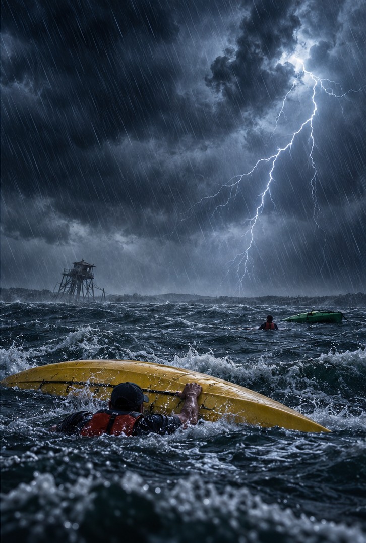 Illustrative dramatic storm over open water